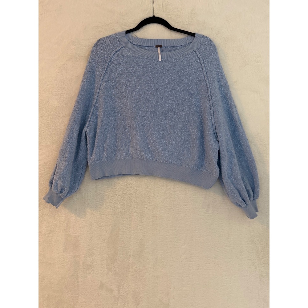 Free People Light Blue Textured Boucle Knit Balloon Sleeve Sweater Womens XS
